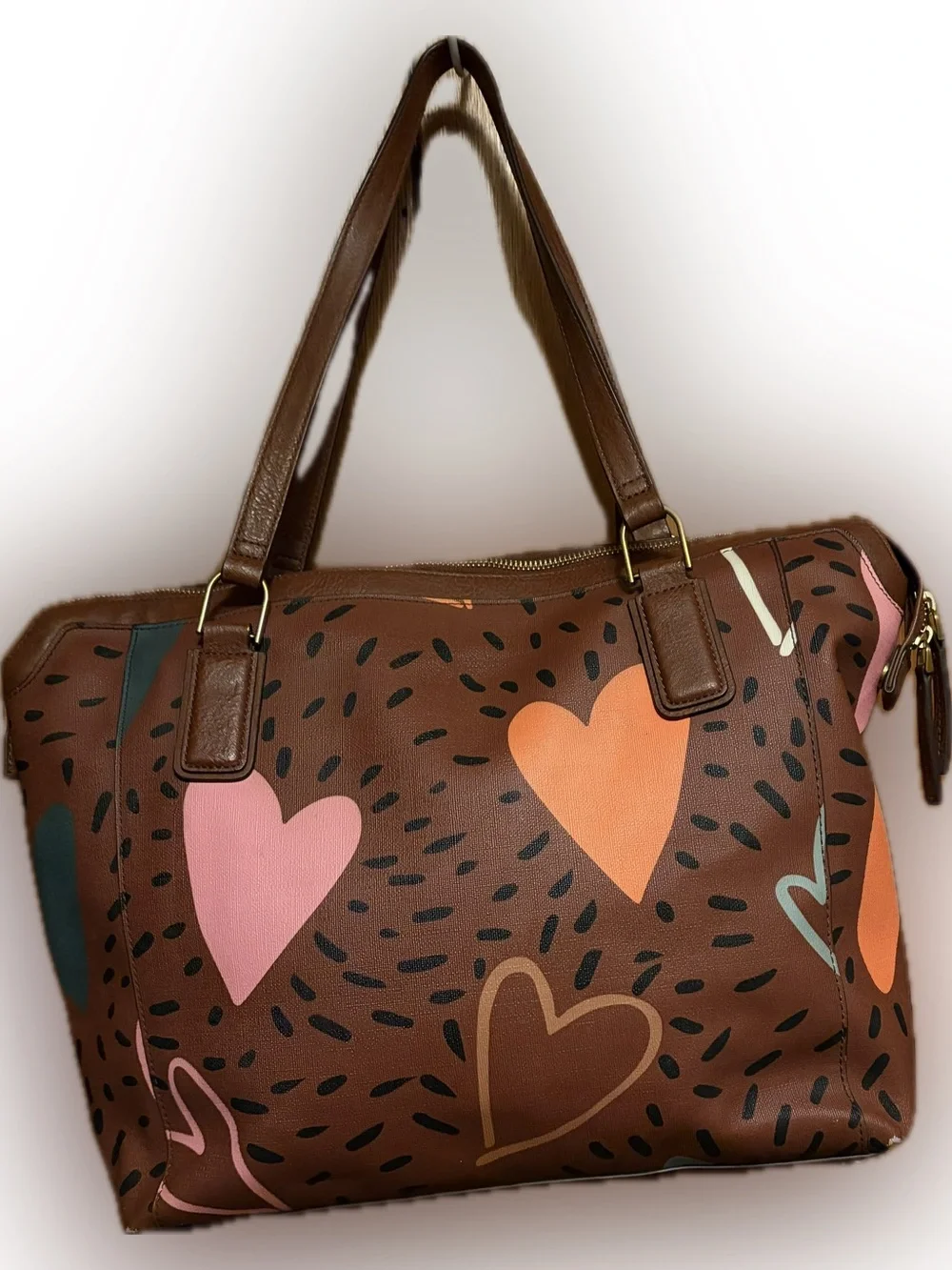 Fossil Jaqueline Tote Bag Large Brown with multiple hearts
